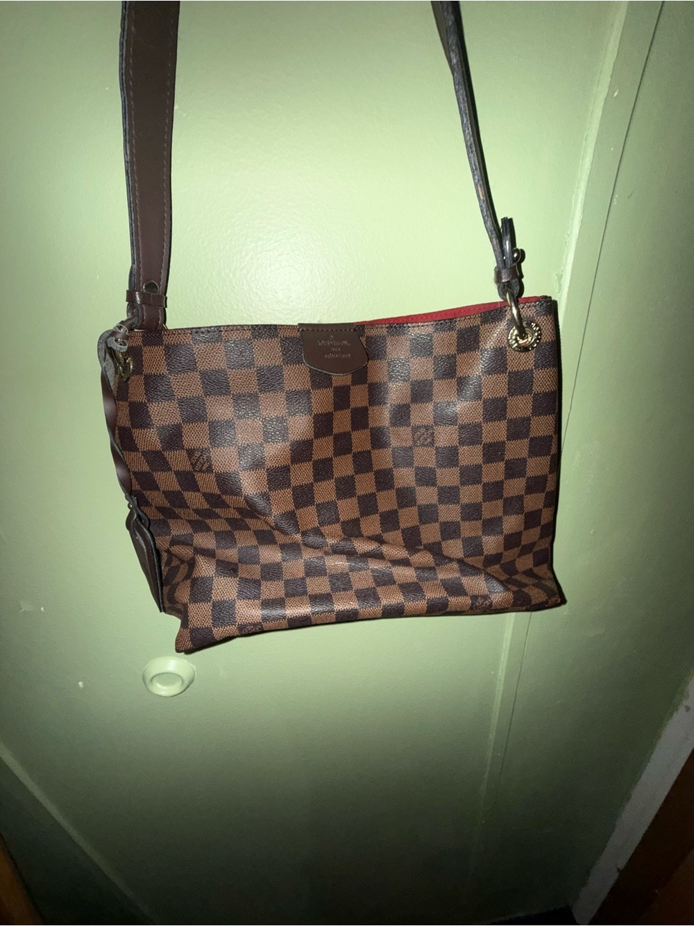 Louis Vuitton Brown Checkered Shoulder Bag with Red Trim